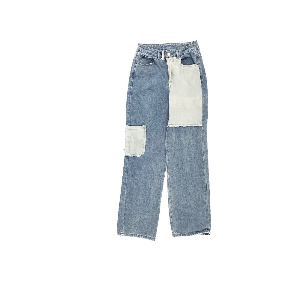 Shein Jeans Women XS Blue Baggy Wide Leg Two Tone Patchwork High Rise Denim